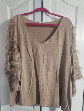 ANDTHEWHY Brand Boutique Boho Fringe Sleeve V-Neck Tunic - Beige